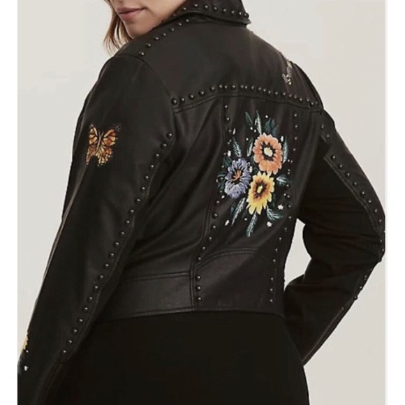 torrid Jackets & Blazers - Torrid Women’s XL Black Studded Embroidered Faux Leather Moto Jacket Floral